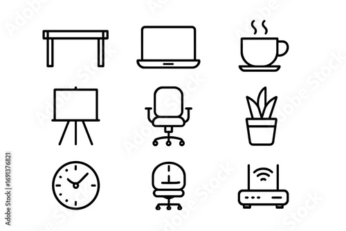 Startup Office Icons. Outline icon set of tech startup office space: open desk, laptop, coffee cup, whiteboard