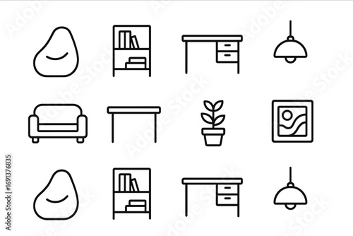 Creative Office Icons. Outline icon set of creative office design: bean bag chair, bookshelf, desk, pendant