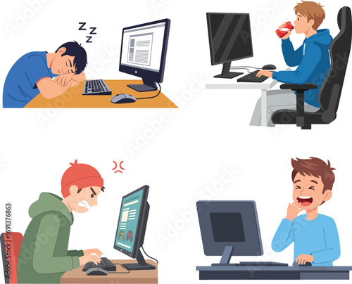 Leisure activities teens do while using a computer flat design vector