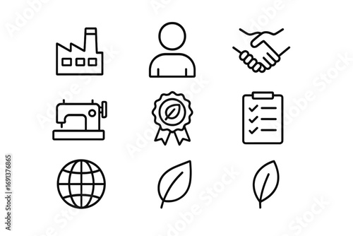 Ethical Fashion Icons. Outline icon set of ethical fashion production: factory building, worker icon,