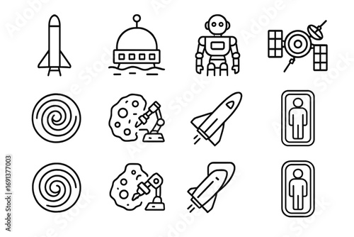 Future Space Missions Icons. Outline icon set of future space missions: reusable rocket, space colony, AI