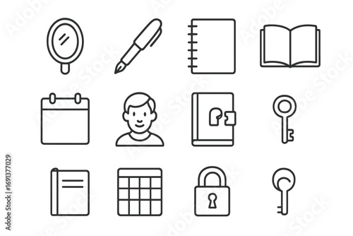 Autobiography Icon Set. Outline icon set of autobiographies: mirror, pen, notebook, open book, calendar,