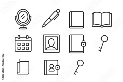 Autobiography Icon Set. Outline icon set of autobiographies: mirror, pen, notebook, open book, calendar,