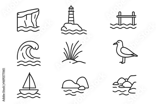 Coastal Landscape Icons. Outline icon set of coastal landscapes: cliff, lighthouse, pier, wave, dune grass,