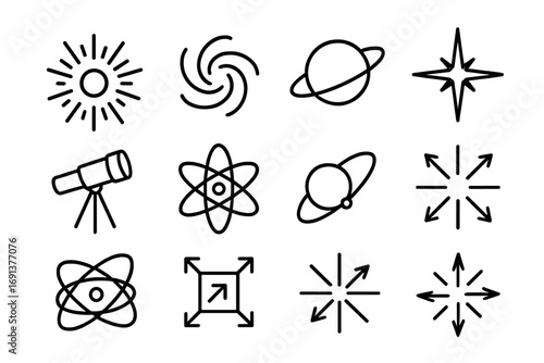 Cosmic Origin Icons. Outline icon set of the Big Bang Theory and cosmic origins: cosmic explosion, galaxy