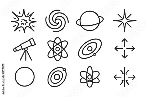 Cosmic Origin Icons. Outline icon set of the Big Bang Theory and cosmic origins: cosmic explosion, galaxy