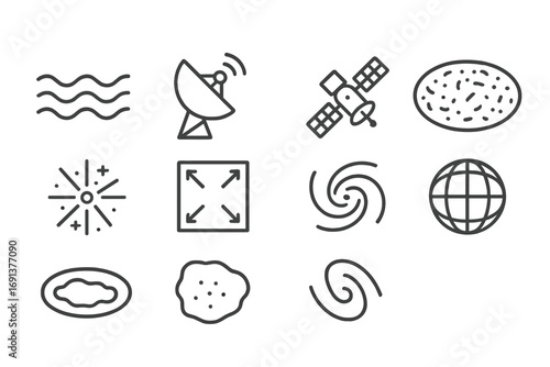 Cosmic Icons Grid. Outline icon set of cosmic microwave background: wave lines, antenna dish, satellite,