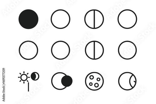 Lunar Phases Icons. Outline icon set of Lunar phases & daily cycle: new moon, waxing crescent, first quarter, waxing gibbous, full