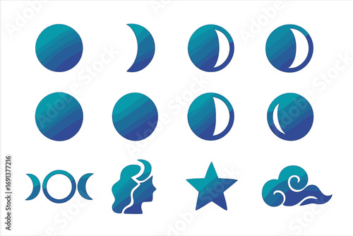 Lunar Phases Icons. Gradient icons set of lunar phases goddess themes: new moon symbol, waxing crescent, first quarter, waxing