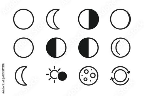 Lunar Phases Icons. Outline icon set of Lunar phases & daily cycle: new moon, waxing crescent, first quarter, waxing gibbous, full