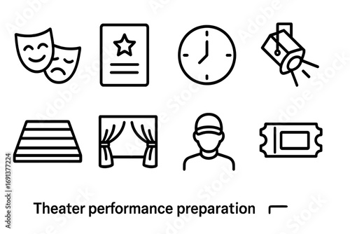 Theater Icon Set. Outline icon set of theater performance preparation: actor mask, script, rehearsal clock,