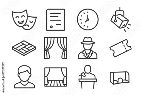 Theater Icon Set. Outline icon set of theater performance preparation: actor mask, script, rehearsal clock,