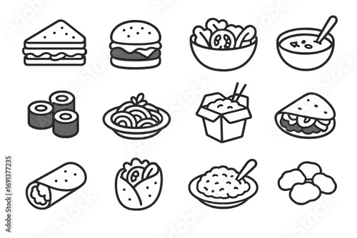 Lunch Icons Grid. Outline icon set of lunch classics: sandwich, burger, salad bowl, soup bowl, sushi rolls, pasta dish, rice box,