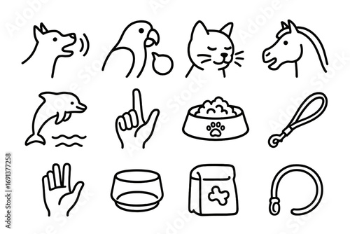 Animal Communication Icons. Outline icon set of animal-human communication: dog bark, parrot speech, cat purr,