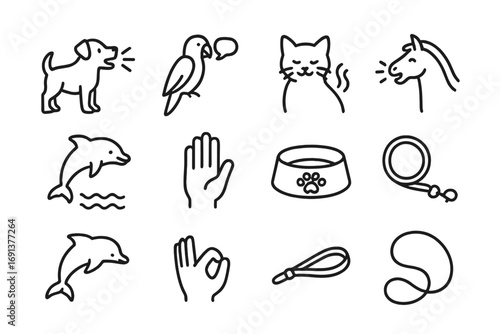 Animal Communication Icons. Outline icon set of animal-human communication: dog bark, parrot speech, cat purr,