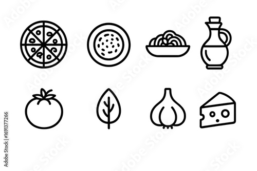 Italian Cuisine Icons. Outline icon set of traditional Italian cuisine: pizza, risotto, pasta plate, olive oil