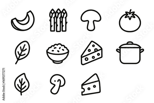 Seasonal Risotto Icons. Outline icon set of seasonal risotto varieties: pumpkin slice, asparagus, mushroom,