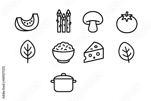 Seasonal Risotto Icons. Outline icon set of seasonal risotto varieties: pumpkin slice, asparagus, mushroom,