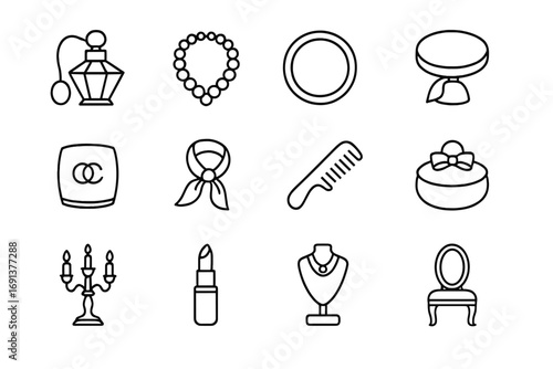 Luxury Vanity Icon Set. Outline icon set of hair styling at vanity: hair dryer, straightener, curling iron, hairbrush, comb, hair