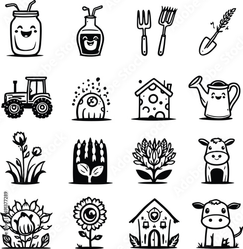A collection of black and white line art illustrations depicting various farming tools and equipment, including tractors, a barn, windmill, and hand tools. Ideal for agricultural and farm-related des