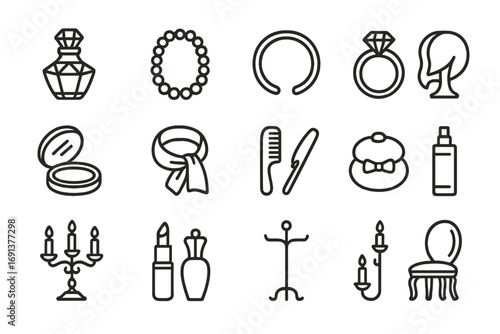 Luxury Vanity Icon Set. Outline icon set of hair styling at vanity: hair dryer, straightener, curling iron, hairbrush, comb, hair