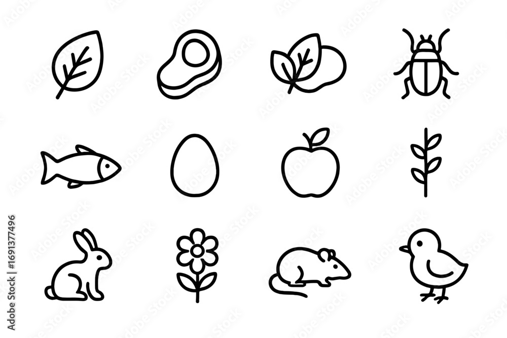 Obraz premium Mammal vs Reptile Diet Icons. Outline icon set of mammal vs reptile diet: herbivore leaf, carnivore meat, omnivore mix, insect,