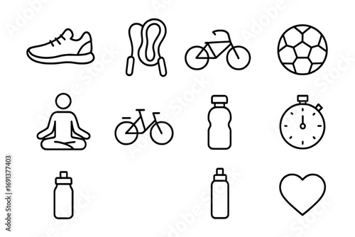 Family Fitness Icons. Outline icon set of family fitness activities: running shoes, jump rope, soccer ball,