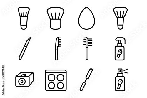 Makeup Tools Icons Set. Outline icon set of Tools & applicators: foundation brush, kabuki brush, beauty sponge, powder brush,