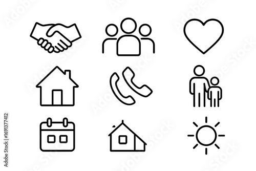 Family Support Icons. Outline icon set of family support systems: handshake, group of people, heart, house,