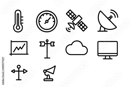 Weather Tool Icons. Outline icon set of weather forecasting tools: thermometer, barometer, satellite, radar