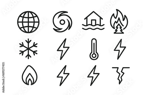 Extreme Weather Icons. Outline icon set of global extreme weather: globe, cyclone, flood, wildfire, snowflake,