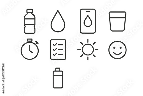 Hydration Icon Set. Outline icon set of hydration reminders: water bottle, droplet, phone alert, glass of
