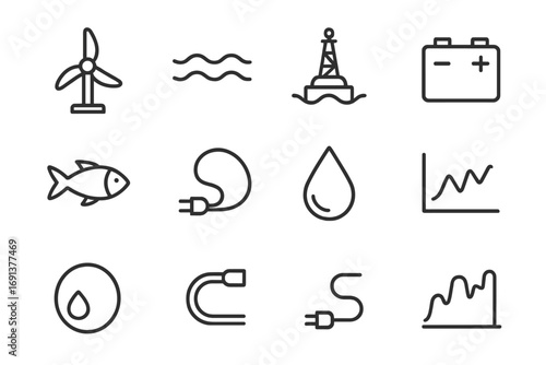 Ocean Energy Icon Set. Outline icon set of ocean energy studies: tidal turbine, wave symbol, buoy, battery,