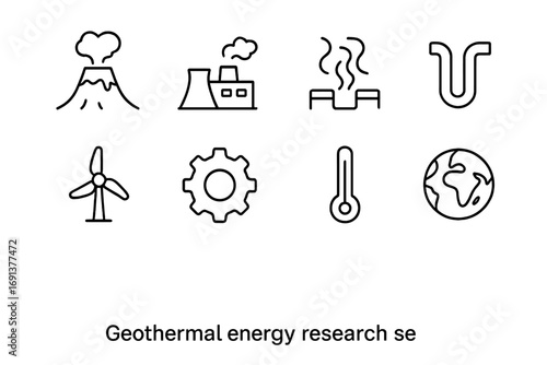 Geothermal Energy Icons. Outline icon set of geothermal energy research: volcano, geothermal plant, steam icon