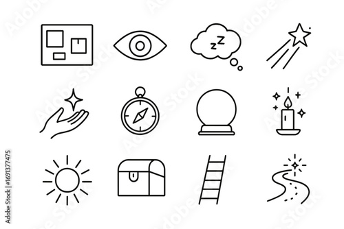 Manifestation Icons Set. Outline icon set of Visualization and manifestation: vision board, open eye, dream cloud, star shooting,