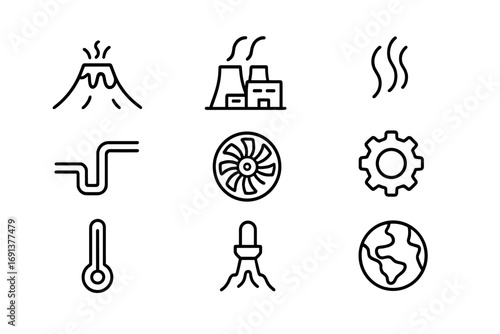 Geothermal Energy Icons. Outline icon set of geothermal energy research: volcano, geothermal plant, steam icon
