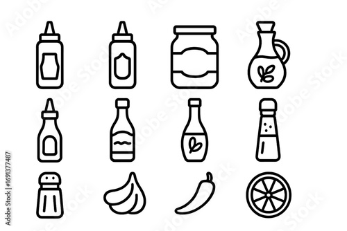 Marinade and Sauce Icons. Outline icon set of marinades and sauces: ketchup bottle, mustard bottle, mayonnaise jar, soy sauce