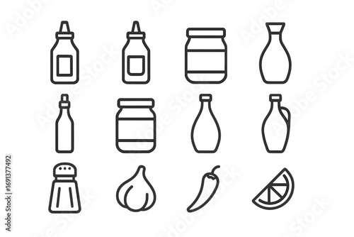 Marinade and Sauce Icons. Outline icon set of marinades and sauces: ketchup bottle, mustard bottle, mayonnaise jar, soy sauce