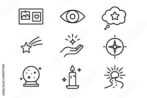 Manifestation Icons Set. Outline icon set of Visualization and manifestation: vision board, open eye, dream cloud, star shooting,