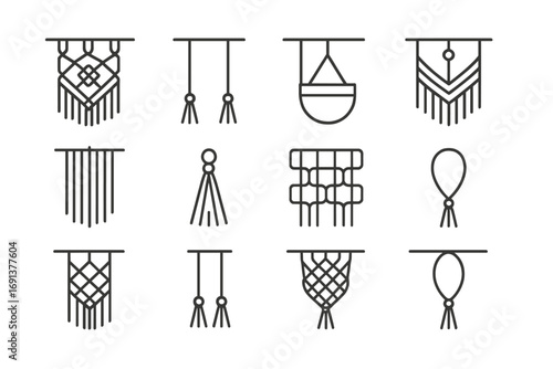Modern Macramé Icons. Outline icon set of modern macramé designs: geometric knot, minimalist cord, ceramic pot