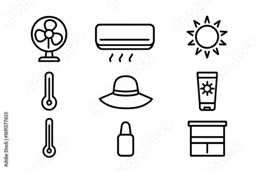 Heatwave Preparation Icons. Outline icon set of heatwave preparation: fan, air conditioner, water droplet, sun