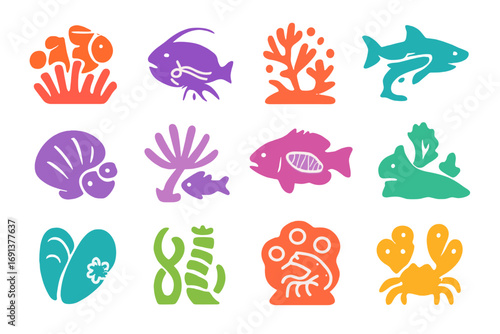 Marine Symbiosis Icons. Gradient icons set of marine symbiotic relationships: clownfish-anemone, cleaner shrimp-fish,