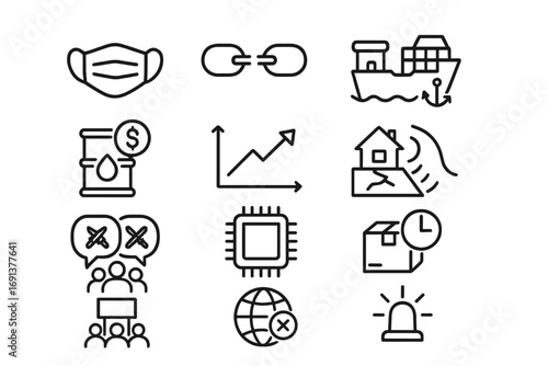 Market Disruptions Icons. Outline icon set of modern market disruptions: pandemic mask, supply chain break, port congestion, oil