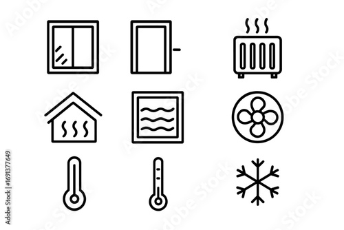 Home Insulation Icons. Outline icon set of home insulation for weather: sealed window, insulated door, heater,
