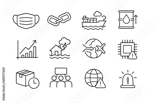 Market Disruptions Icons. Outline icon set of modern market disruptions: pandemic mask, supply chain break, port congestion, oil