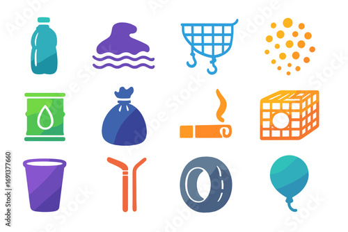 Marine Pollution Icons. Gradient icons set of marine pollution sources: plastic bottle, oil spill, fishing net, microbeads,