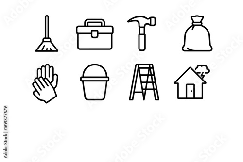 Post-Storm Clean-Up Icons. Outline icon set of recovery after extreme weather: broom, toolbox, hammer, trash