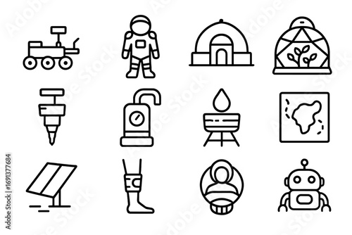 Martian Evolution Icons. Outline icon set of human evolution on Mars: space rover, dust-resistant suit, domed habitat, greenhouse,