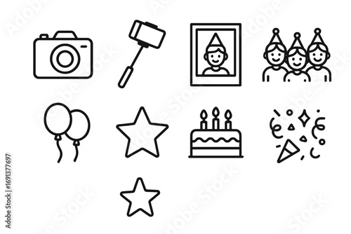 Birthday Photo Icons. Outline icon set of birthday photo moments: camera, selfie stick, photo frame, group of
