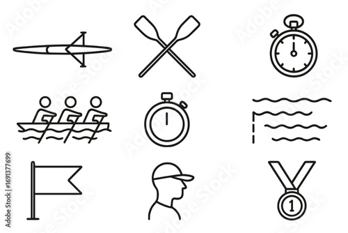 Rowing Sports Icons. Outline icon set of competitive rowing: racing shell, oars, stopwatch, finish line flag,